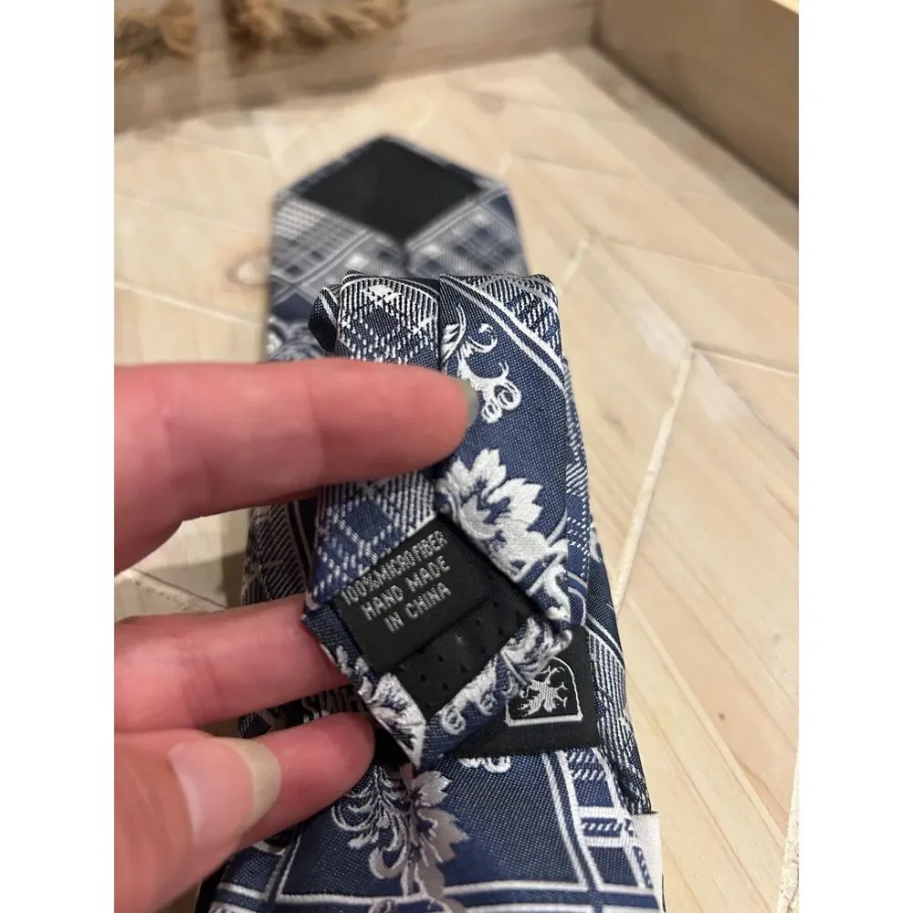 NWT Stacy Adams Tie Navy Blue Silver Gray Plaid Floral Patchwork Formal Men